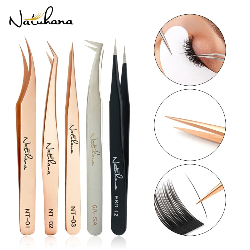 NATUHANA Anti-static Straight Eyelash Extension Tweezers Industrial Precision Curved Straight Lash Eyebrow Tweezers Makeup Tools